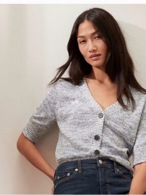 Banana Republic Blue Marled V‑Neck Short Sleeve Button Cardigan